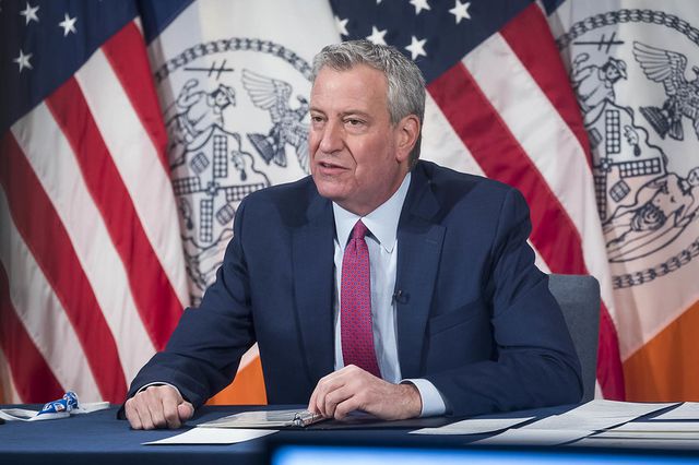 A photo of Mayor Bill de Blasio during a press briefing at City Hall.